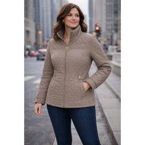 Gallery Womens Quilted Coat Beige Taupe Full Zip Jacket Size 1X Lightweight